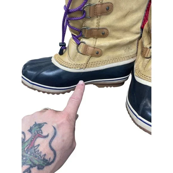 Sorel Joan of Arc Womans Tan Black Knit mid calf boots Sz 7 SKU 9565 - Picture 4 of 16